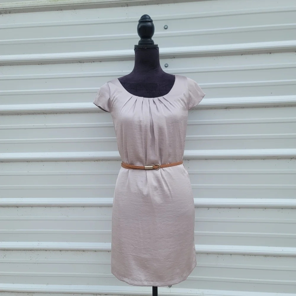 Nwt H&M Sheath Dress Women Taupe Gray Satin Knee Length Cap Sleeves Belted Sz 6